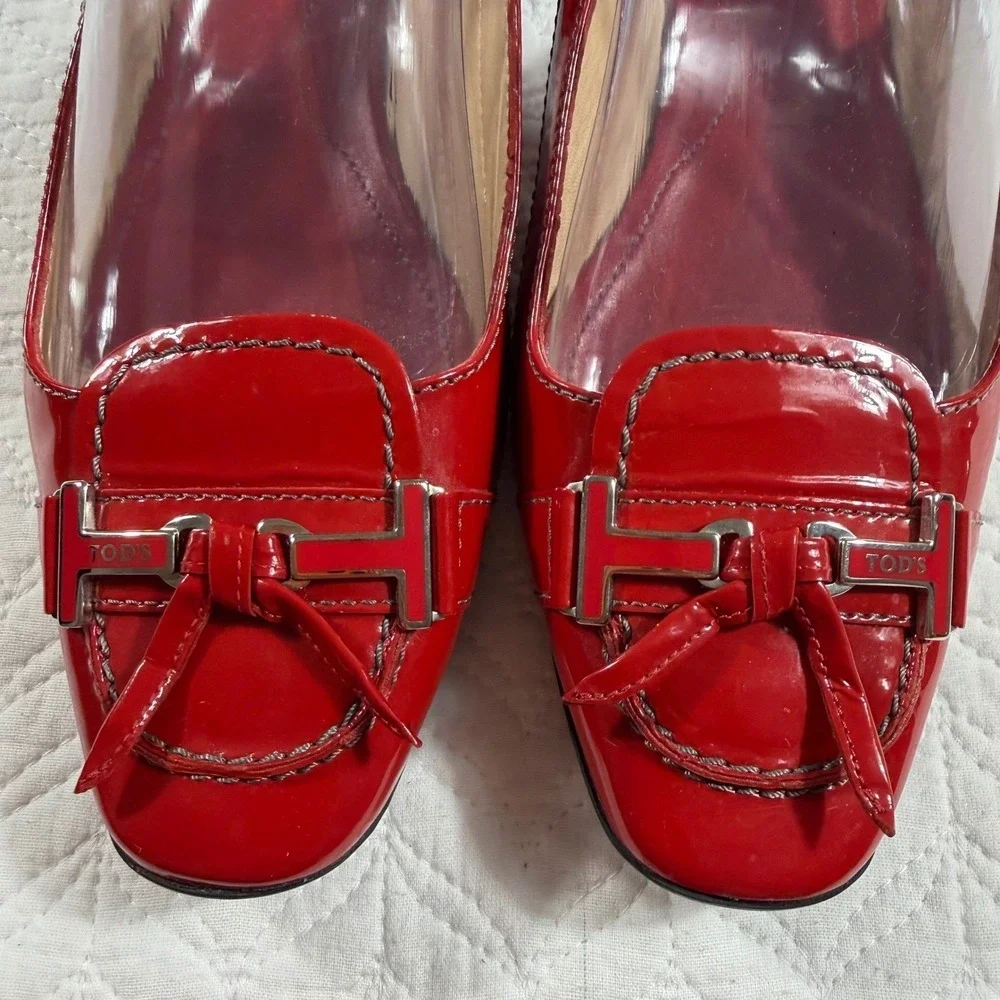 Tods Red‎ Patent Leather Slingback Loafer Flats Women 7.5 (EU 38) Italy Designer